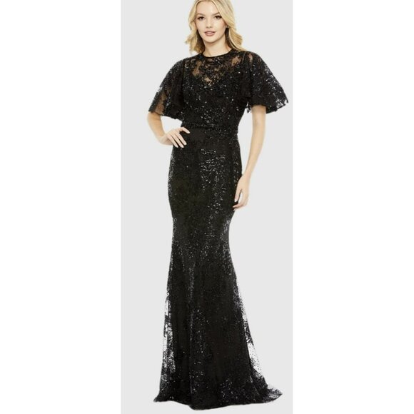 Mac Duggal Sequins Jersey Flutter Sleeve Formal Gown Maxi Dress Sz 10 NWT - Picture 1 of 8